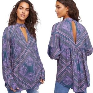 Free People Boho Indy Floral Cutout Choker Tunic Top sz S